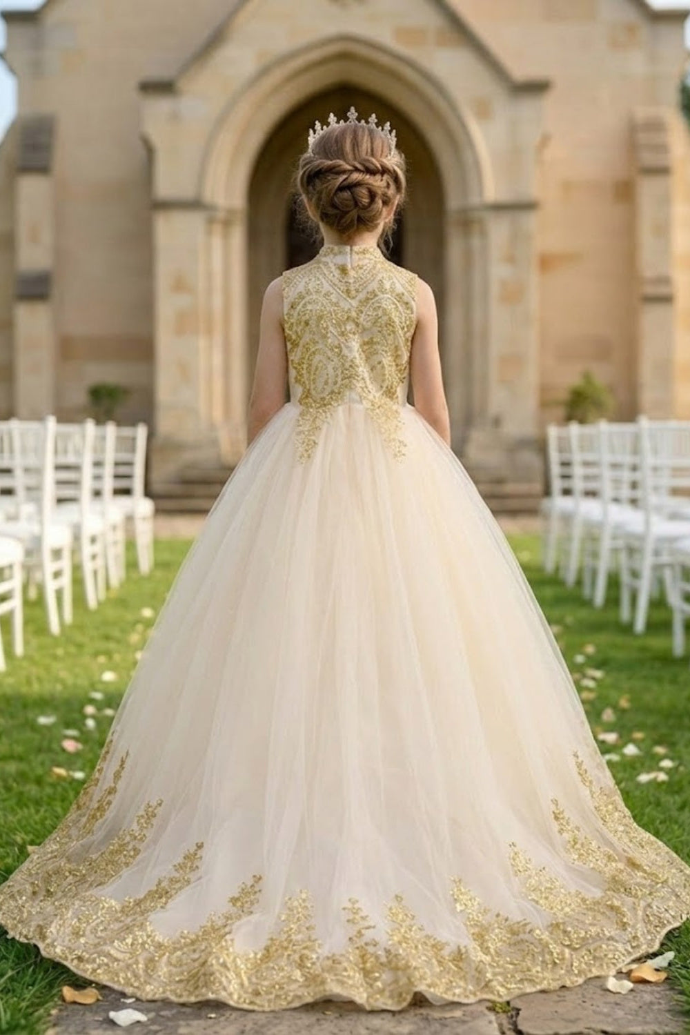 Champagne A Line High Neck Sleeveless Lace Tulle Flower Girl Dress