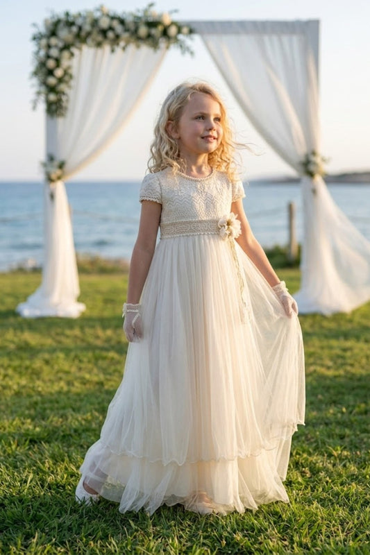 White A Line Round Neck Short Sleeve Lace Tulle Flower Girl Dress
