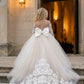 White A Line Round Neck Long Sleeve Lace Tulle Flower Girl Dress