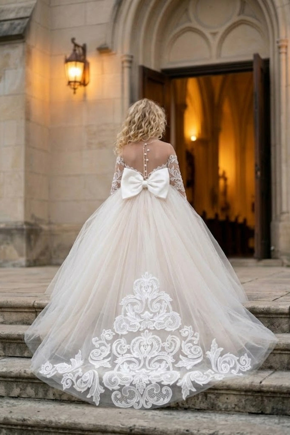 White A Line Round Neck Long Sleeve Lace Tulle Flower Girl Dress
