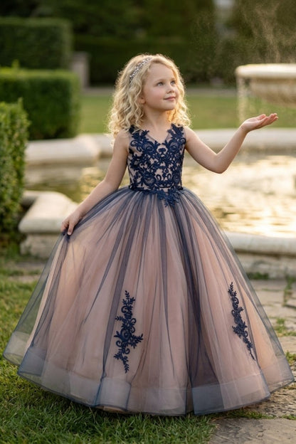 Navy Blue A Line V Neck Sleeveless Lace Tulle Flower Girl Dress