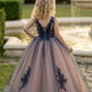 Navy Blue A Line V Neck Sleeveless Lace Tulle Flower Girl Dress