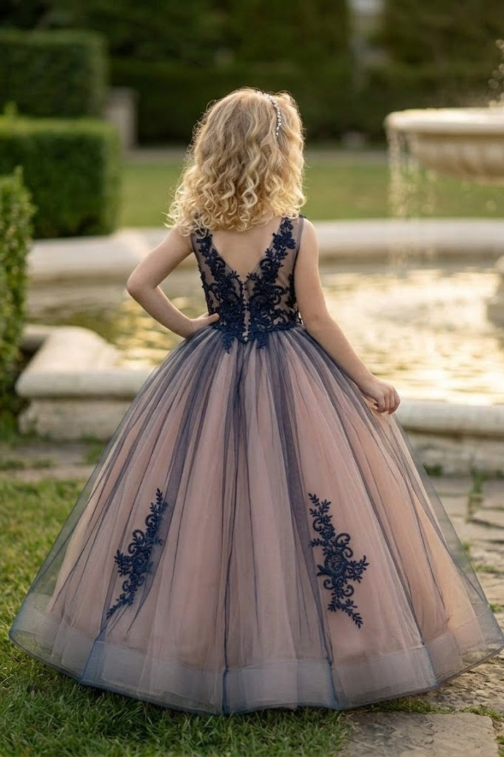 Navy Blue A Line V Neck Sleeveless Lace Tulle Flower Girl Dress