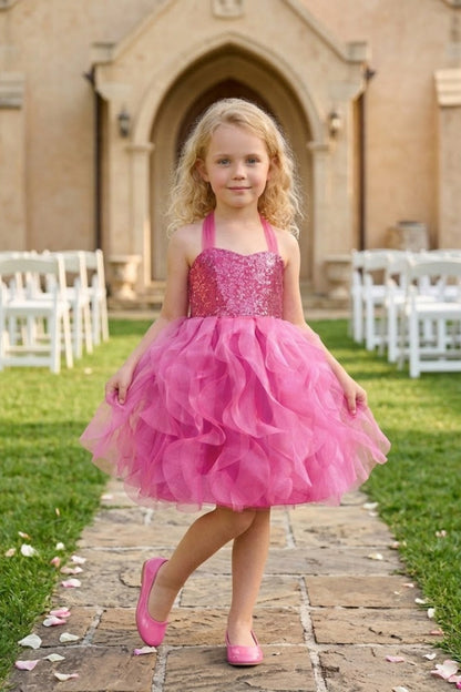 Pink A Line Halter Neck Sleeveless Sequin Tulle Flower Girl Dress