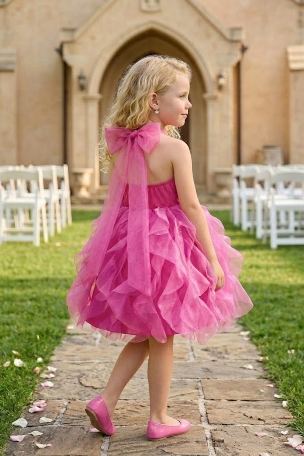 Pink A Line Halter Neck Sleeveless Sequin Tulle Flower Girl Dress