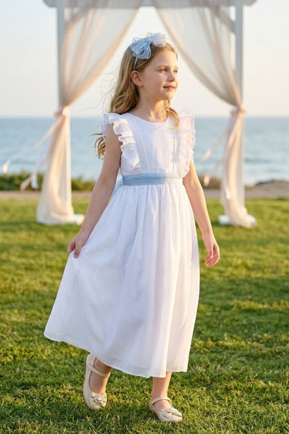 White A Line Round Neck Short Sleeve Chiffon Flower Girl Dress