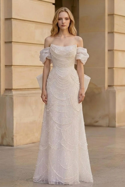 Sparkly Ivory A Line Off the Shoulder Long Prom Dress with Bow