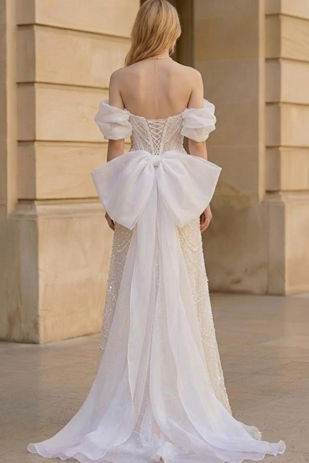Sparkly Ivory A Line Off the Shoulder Long Prom Dress with Bow