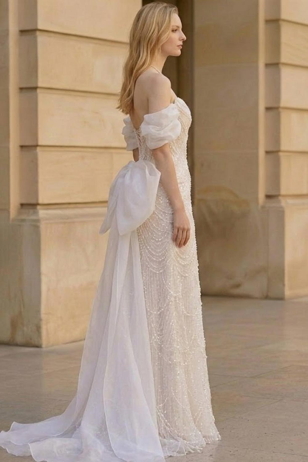 Sparkly Ivory A Line Off the Shoulder Long Prom Dress with Bow