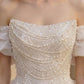 Sparkly Ivory A Line Off the Shoulder Long Prom Dress with Bow