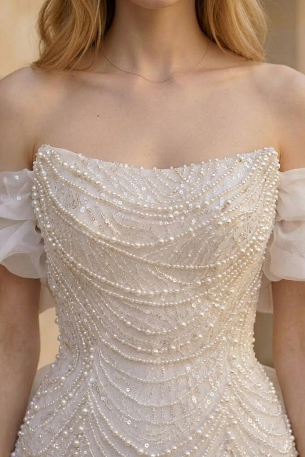 Sparkly Ivory A Line Off the Shoulder Long Prom Dress with Bow