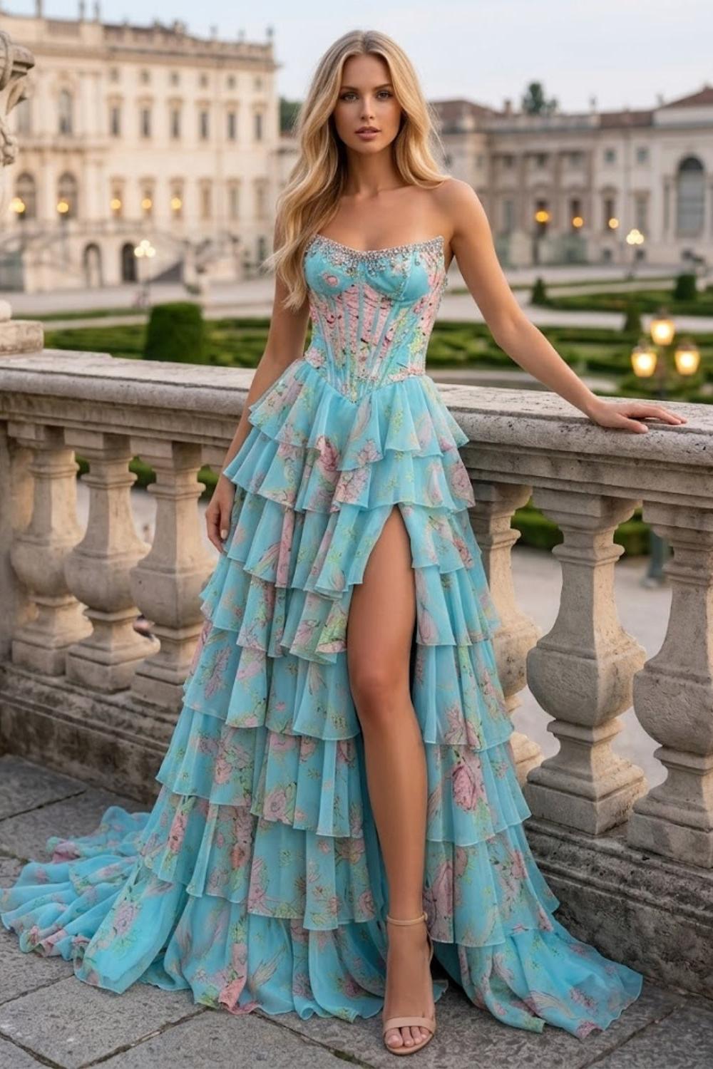 Floral Blue Pink Strapless A Line Long Corset Prom Dress with Slit