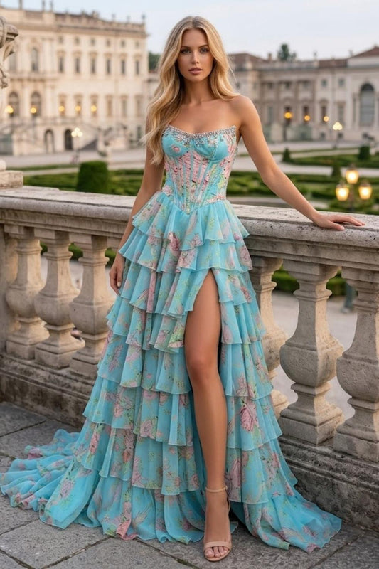 Floral Blue Pink Strapless A Line Long Corset Prom Dress with Slit