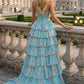 Floral Blue Pink Strapless A Line Long Corset Prom Dress with Slit