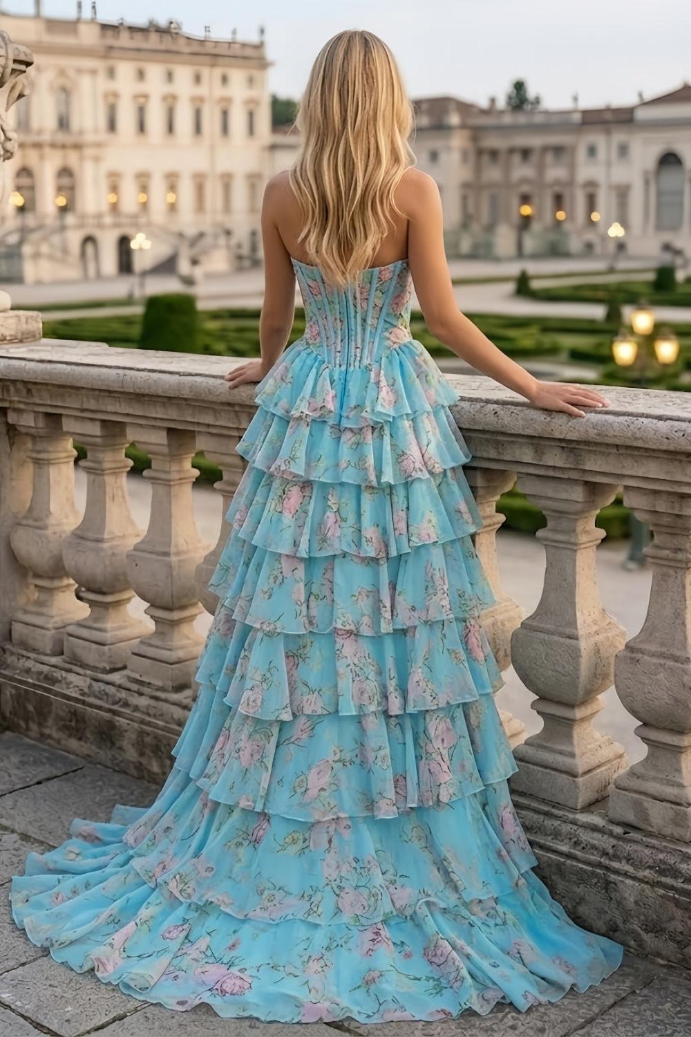 Floral Blue Pink Strapless A Line Long Corset Prom Dress with Slit