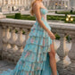 Floral Blue Pink Strapless A Line Long Corset Prom Dress with Slit