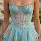 Floral Blue Pink Strapless A Line Long Corset Prom Dress with Slit