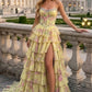Floral Blue Pink Strapless A Line Long Corset Prom Dress with Slit