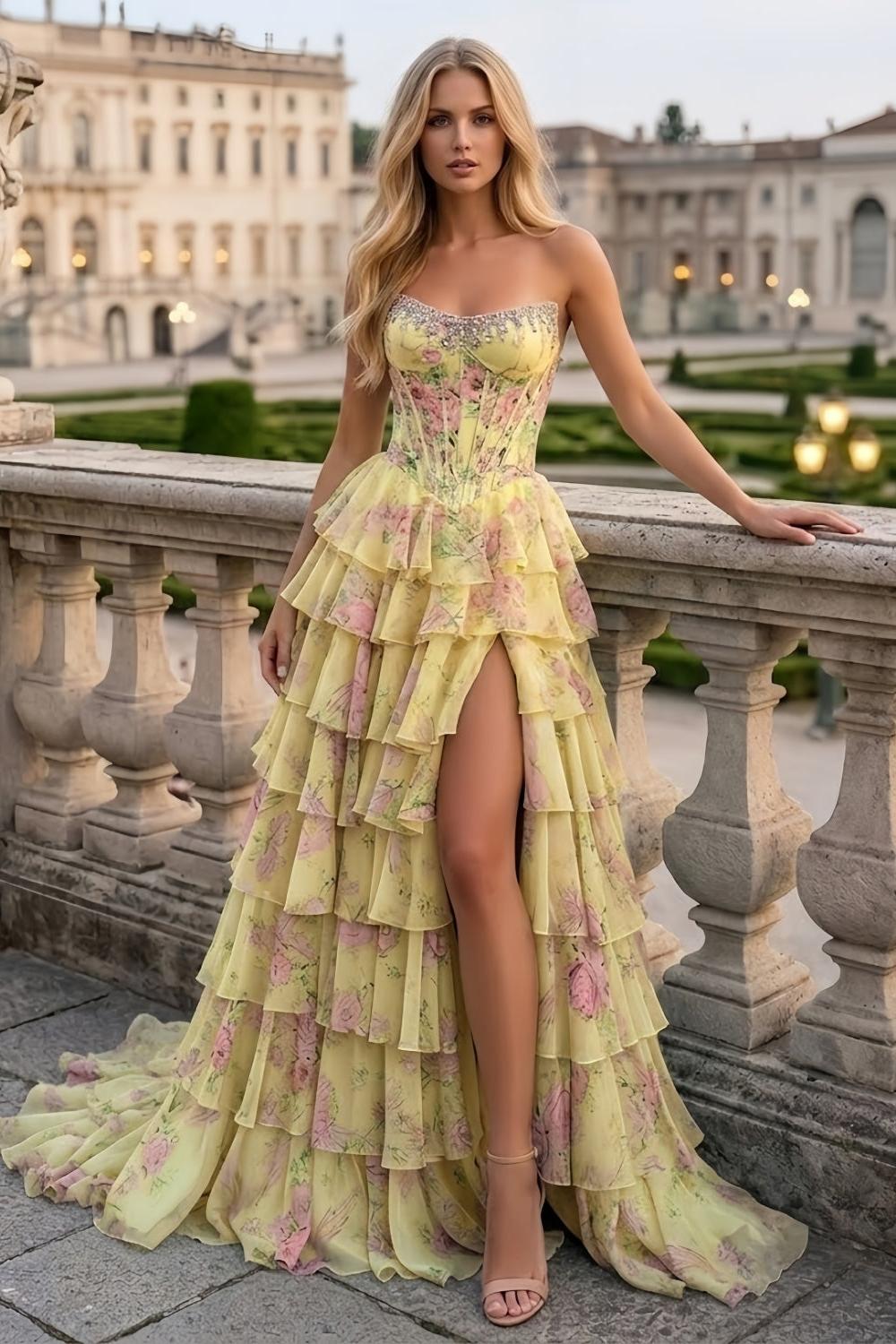 Floral Blue Pink Strapless A Line Long Corset Prom Dress with Slit