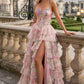 Floral Blue Pink Strapless A Line Long Corset Prom Dress with Slit
