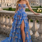 Floral Blue Pink Strapless A Line Long Corset Prom Dress with Slit