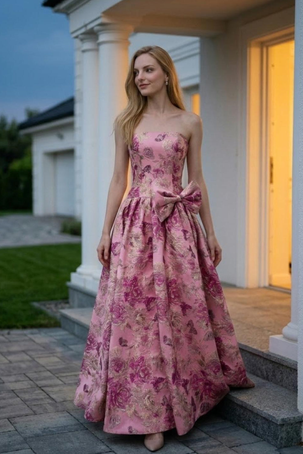 Pink Floral Strapless A Line Long Prom Dress with Bow