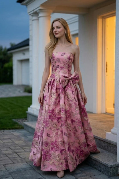 Pink Floral Strapless A Line Long Prom Dress with Bow