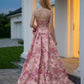 Pink Floral Strapless A Line Long Prom Dress with Bow