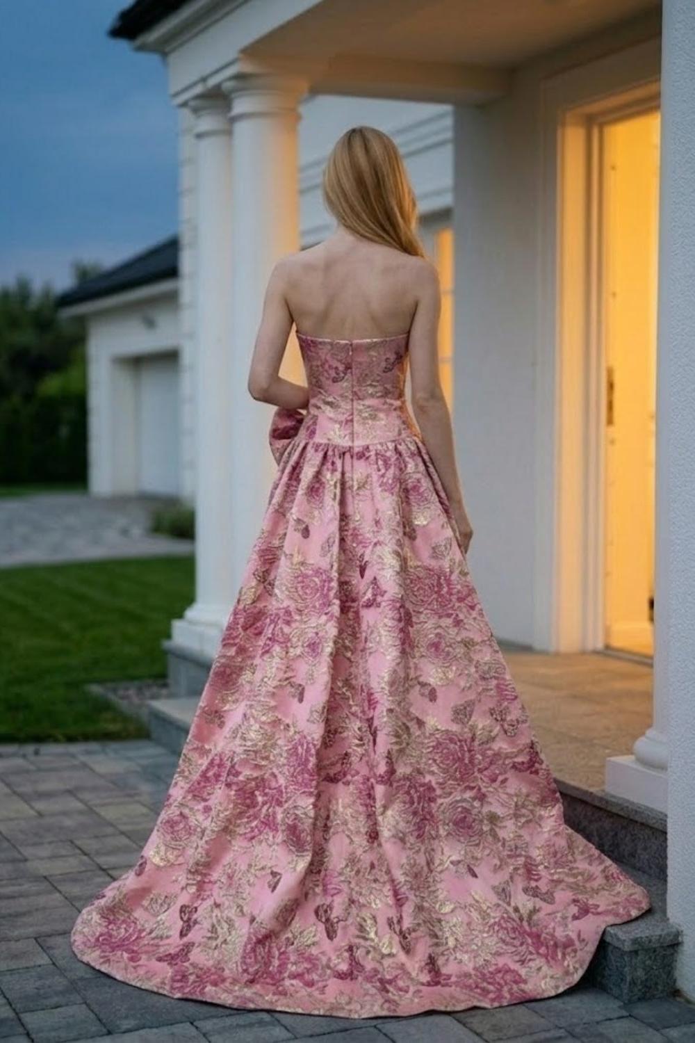 Pink Floral Strapless A Line Long Prom Dress with Bow
