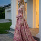 Pink Floral Strapless A Line Long Prom Dress with Bow
