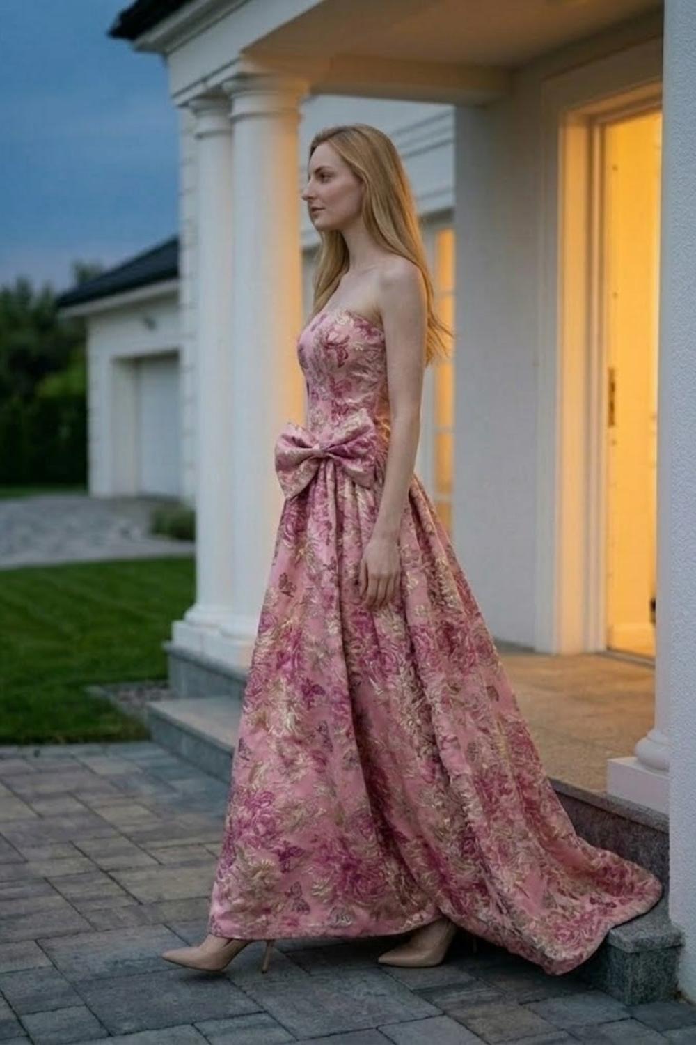 Pink Floral Strapless A Line Long Prom Dress with Bow
