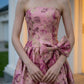 Pink Floral Strapless A Line Long Prom Dress with Bow