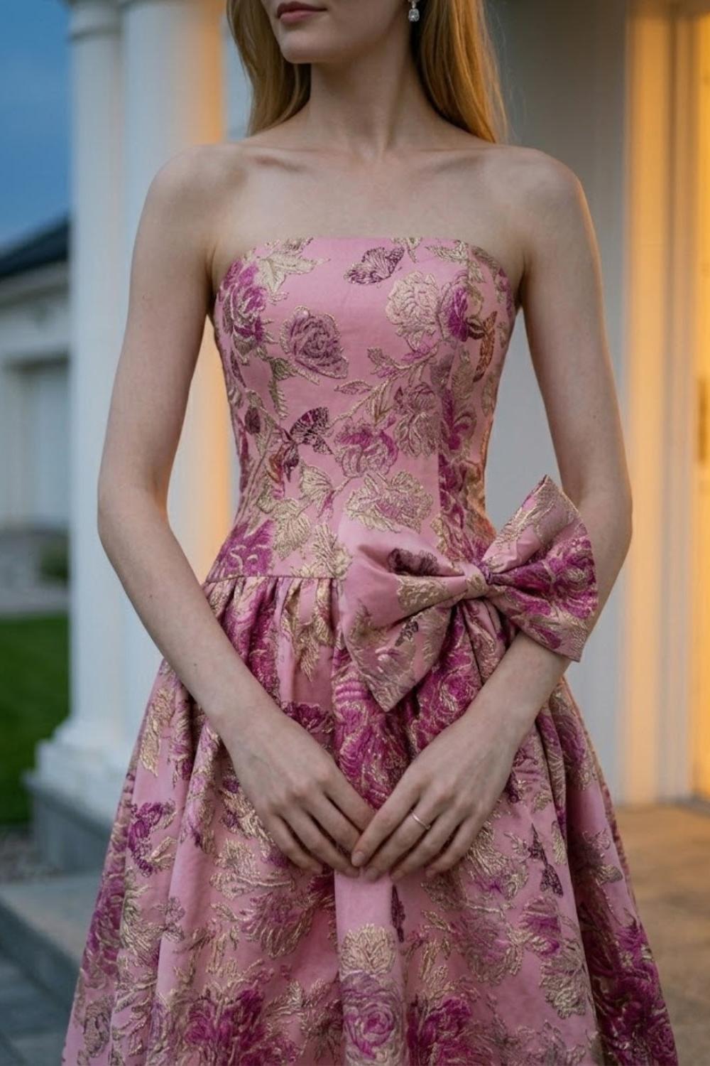Pink Floral Strapless A Line Long Prom Dress with Bow