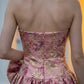 Pink Floral Strapless A Line Long Prom Dress with Bow