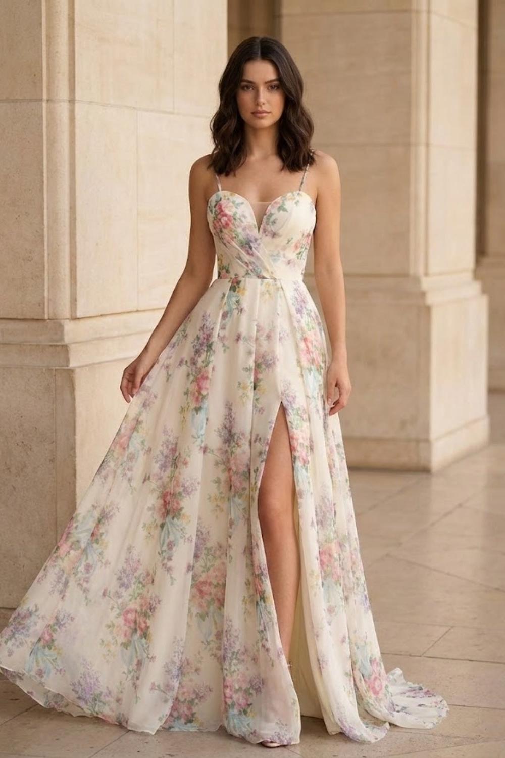 White Floral A Line Spaghetti Straps Long Prom Dress with Slit