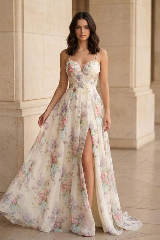 White Floral A Line Spaghetti Straps Long Prom Dress with Slit