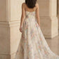 White Floral A Line Spaghetti Straps Long Prom Dress with Slit
