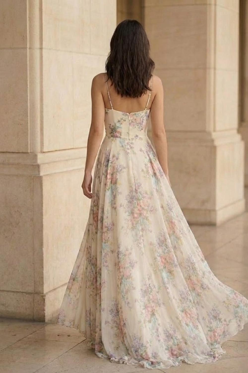 White Floral A Line Spaghetti Straps Long Prom Dress with Slit
