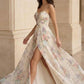 White Floral A Line Spaghetti Straps Long Prom Dress with Slit