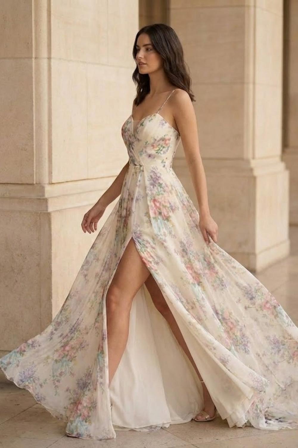 White Floral A Line Spaghetti Straps Long Prom Dress with Slit