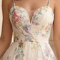 White Floral A Line Spaghetti Straps Long Prom Dress with Slit