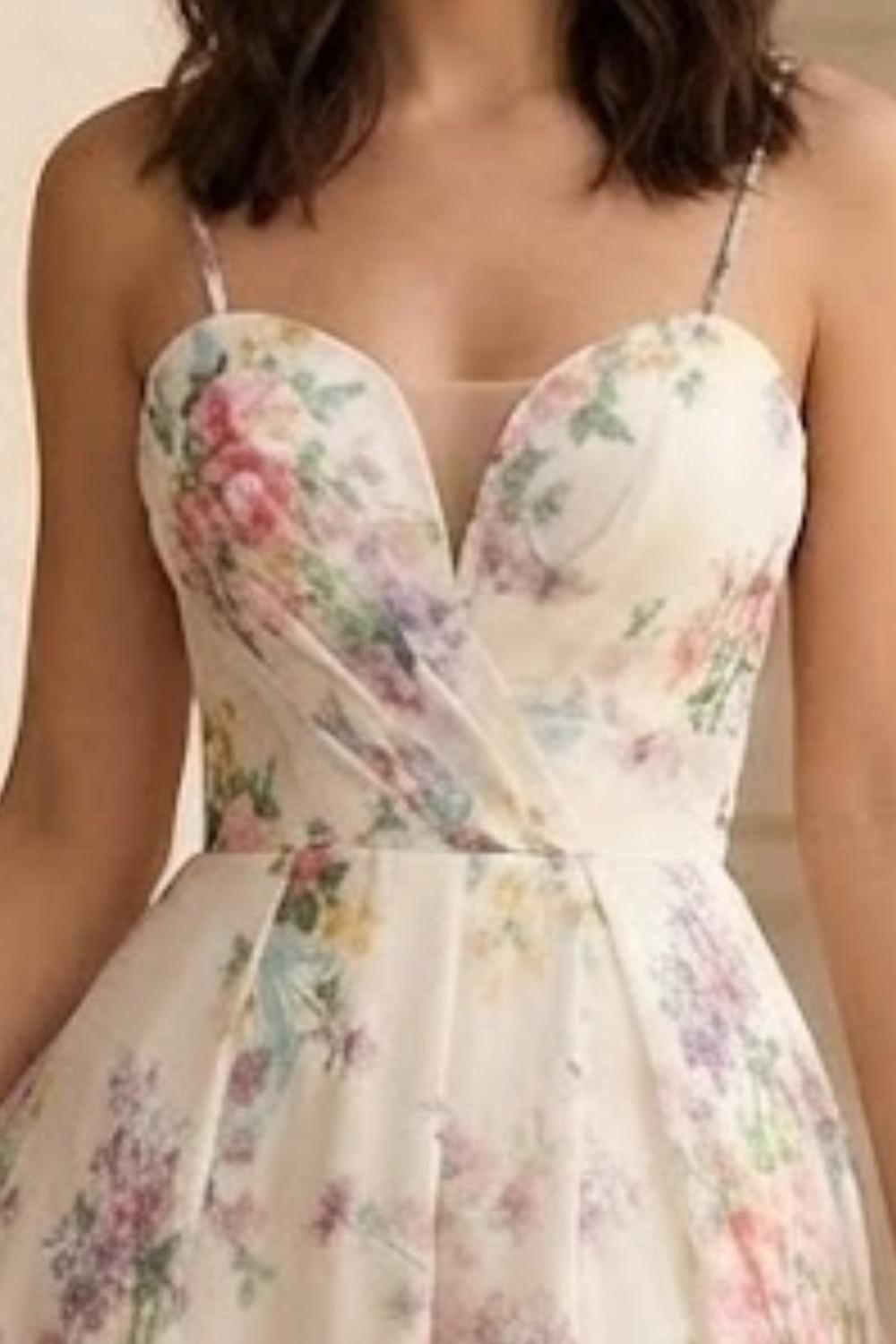White Floral A Line Spaghetti Straps Long Prom Dress with Slit