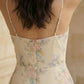 White Floral A Line Spaghetti Straps Long Prom Dress with Slit