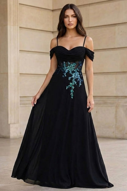 Black A Line Cold Shoulder Long Prom Dress with Appliques