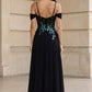 Black A Line Cold Shoulder Long Prom Dress with Appliques