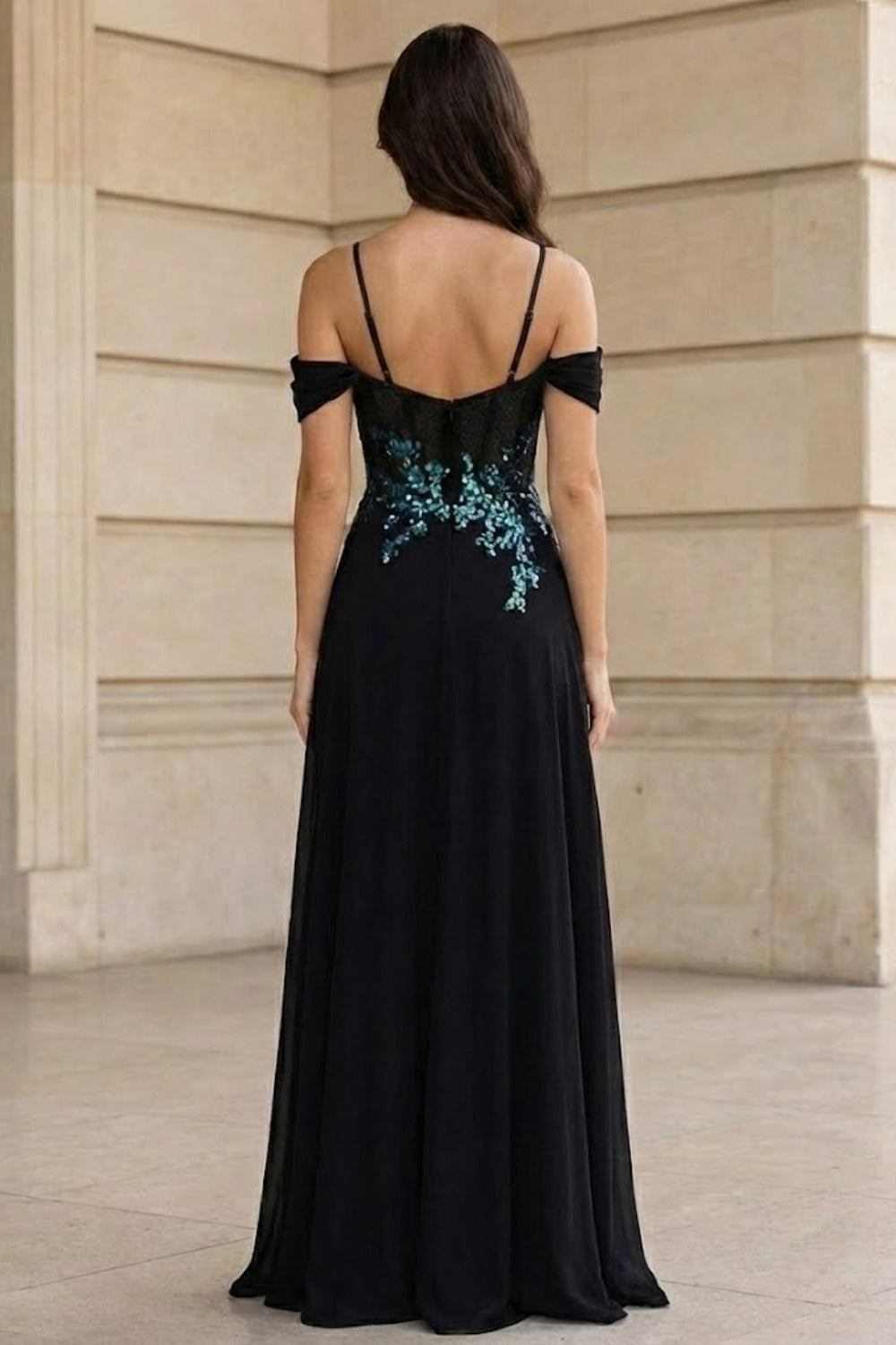 Black A Line Cold Shoulder Long Prom Dress with Appliques