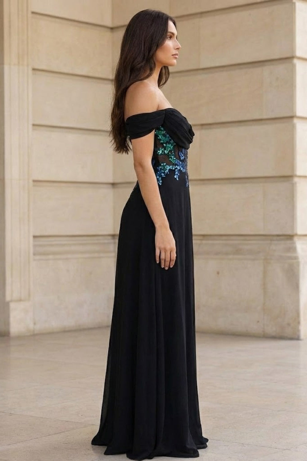 Black A Line Cold Shoulder Long Prom Dress with Appliques