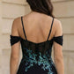 Black A Line Cold Shoulder Long Prom Dress with Appliques