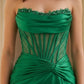 Sparkly Green Strapless Long Corset Prom Dress with Slit