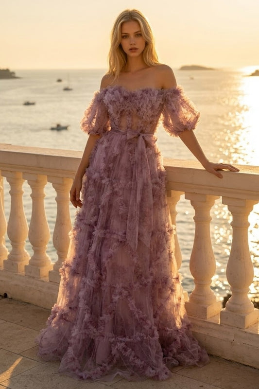 Lavender A Line Off Shoulder Long Prom Dress with 3D Flowers